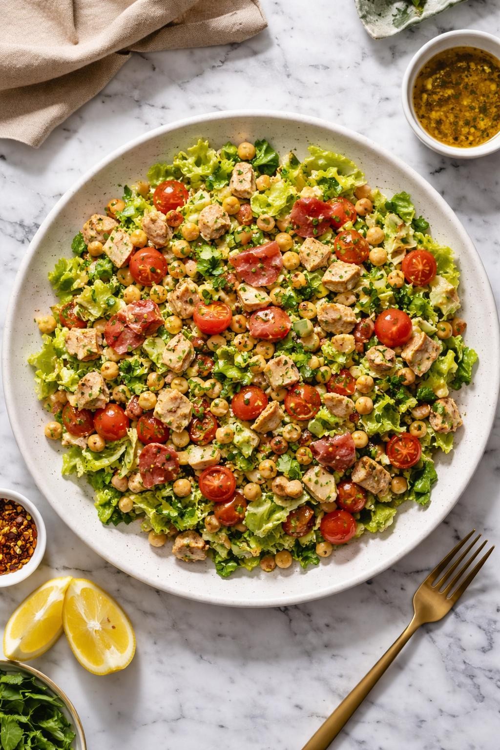 An overheard picture view of a plate of Dairy-Free La Scala sitting on a marble countertop table in the kitchen, professional food photography style.