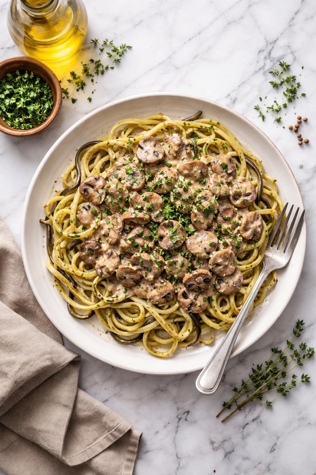 An overheard picture view of a plate of Mushroom Stroganoff with Eggplant Noodles sitting on a marble countertop table in the kitchen, professional food photography style.