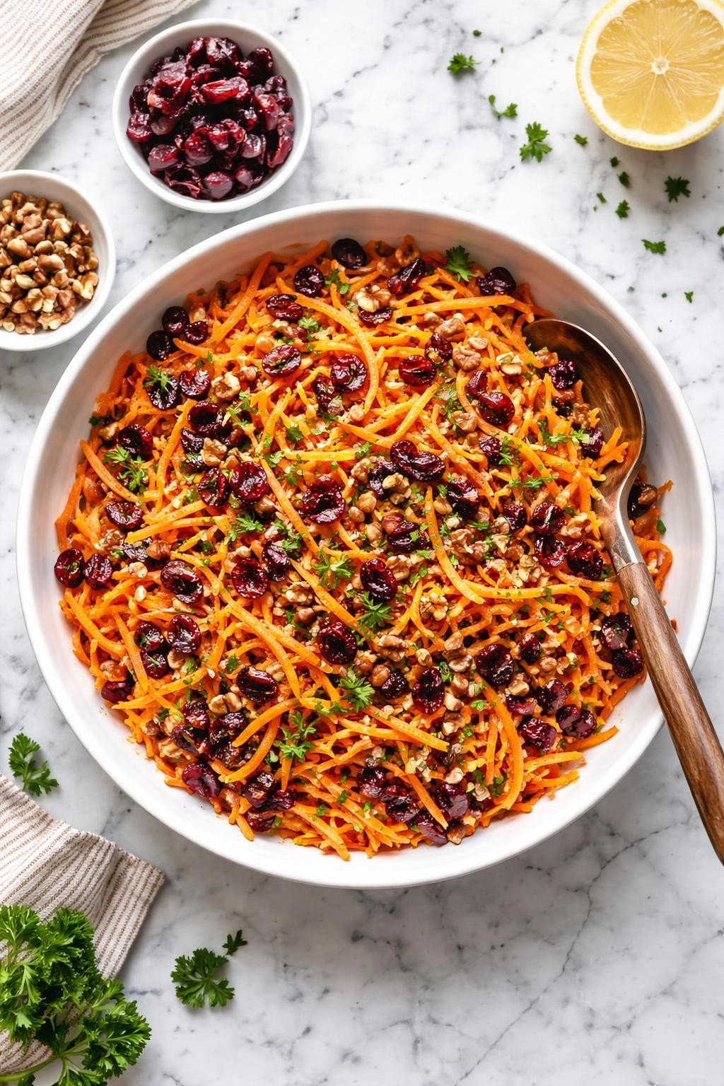 An overheard picture view of a plate of Cranberry Carrot Salad   sitting on a marble countertop table in the kitchen, professional food photography style.
