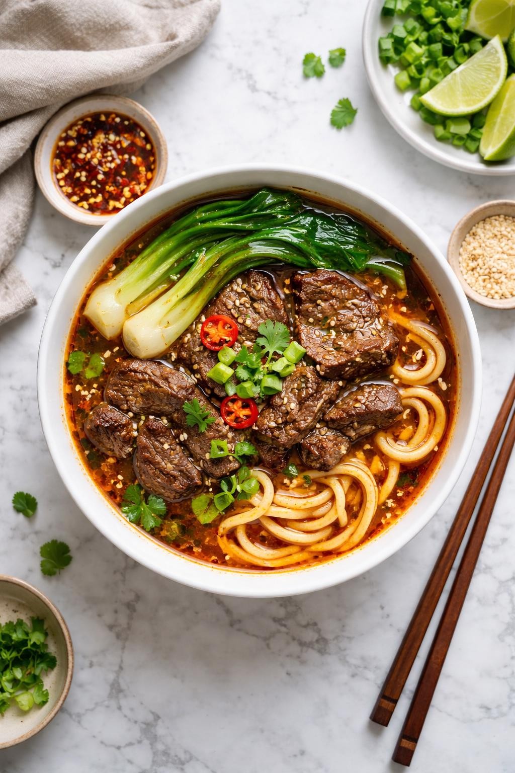 An overheard picture view of a plate of Beef Noodle Soup sitting on a marble countertop table in the kitchen, professional food photography style.