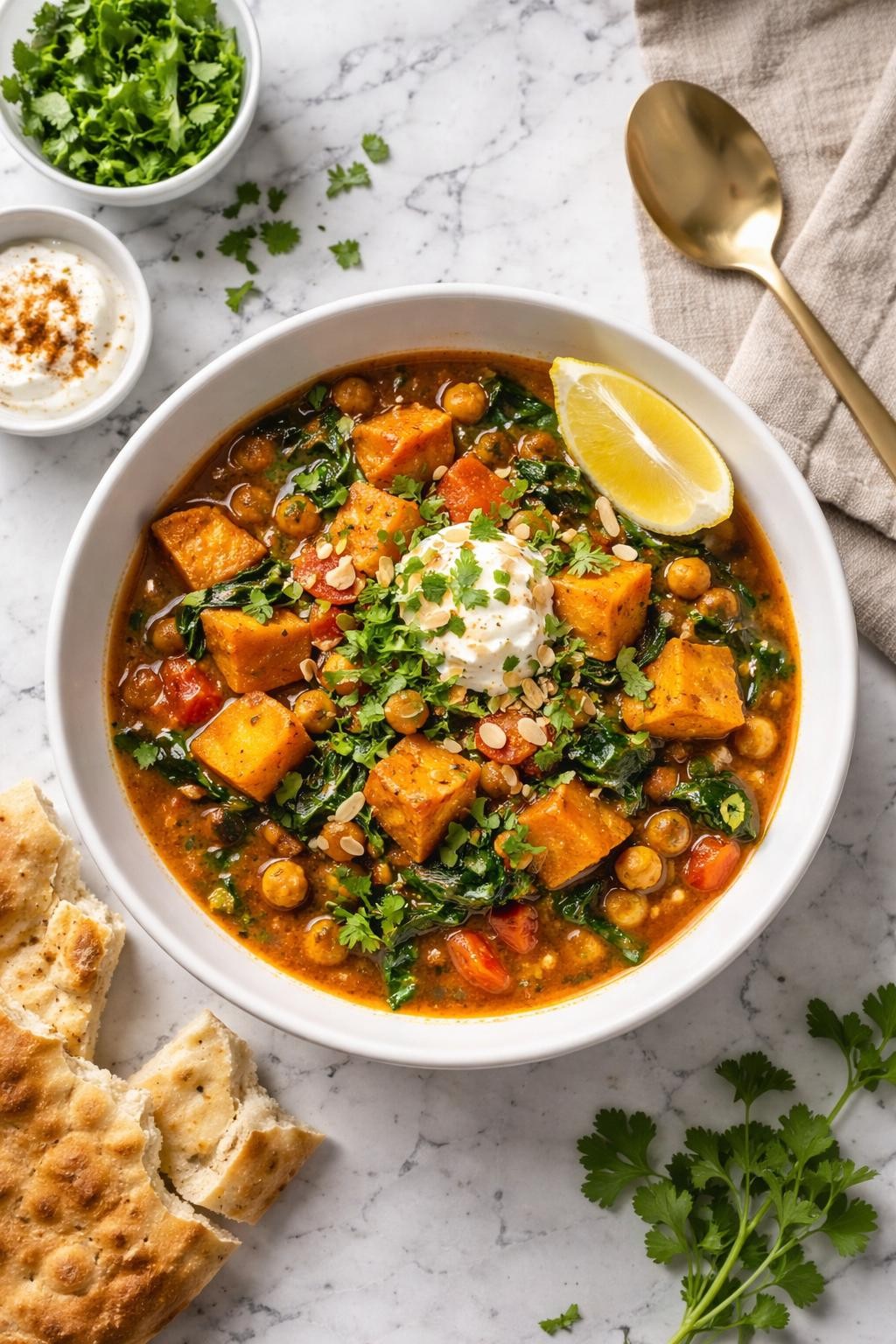 An overheard picture view of a plate of Moroccan-Spiced Butternut Squash Stew sitting on a marble countertop table in the kitchen, professional food photography style.