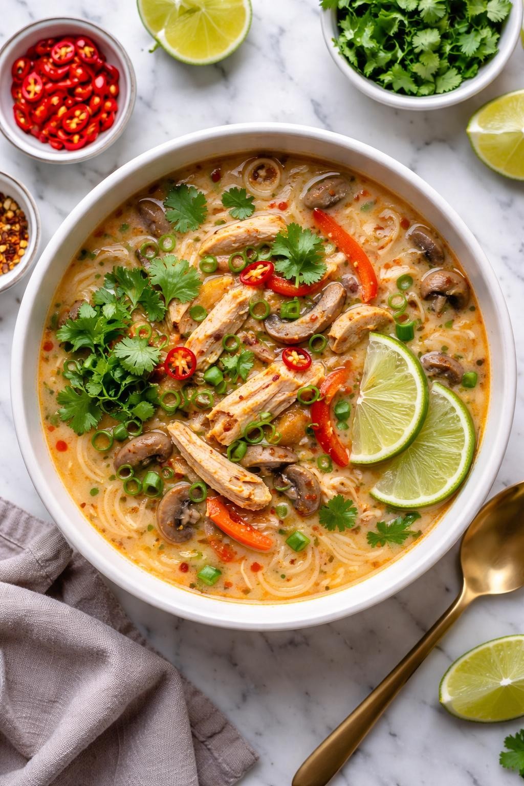 An overheard picture view of a plate of Slow Cooker Thai Chicken Soup sitting on a marble countertop table in the kitchen, professional food photography style.