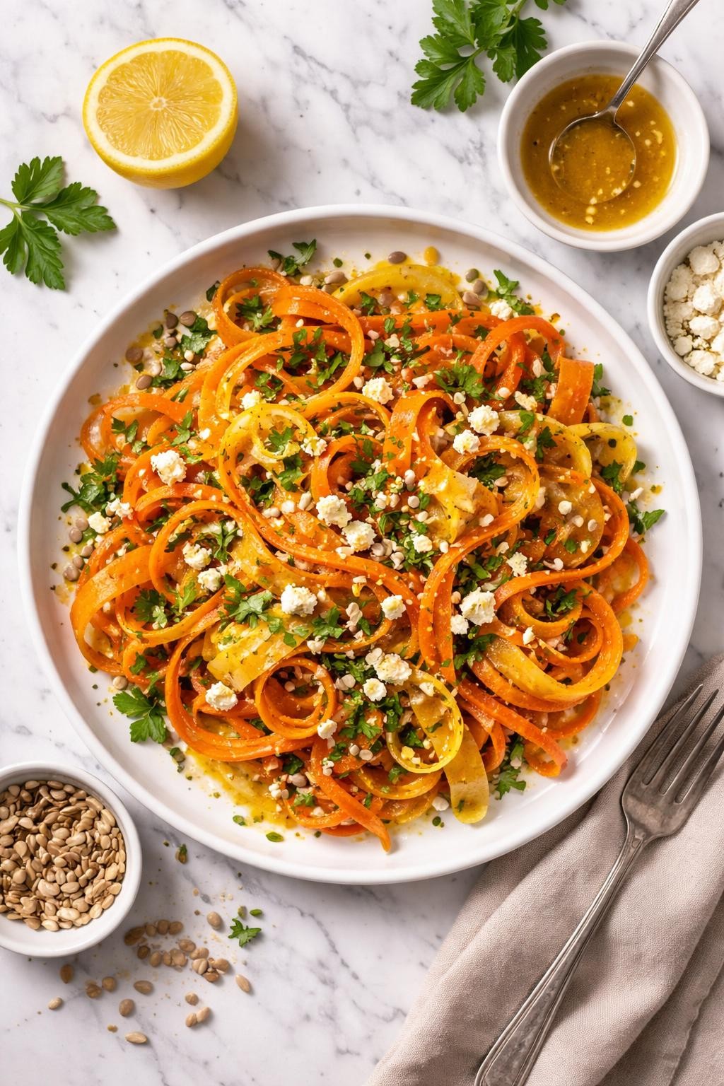 An overheard picture view of a plate of Lemon-Honey Vinaigrette Carrot Salad   sitting on a marble countertop table in the kitchen, professional food photography style.
