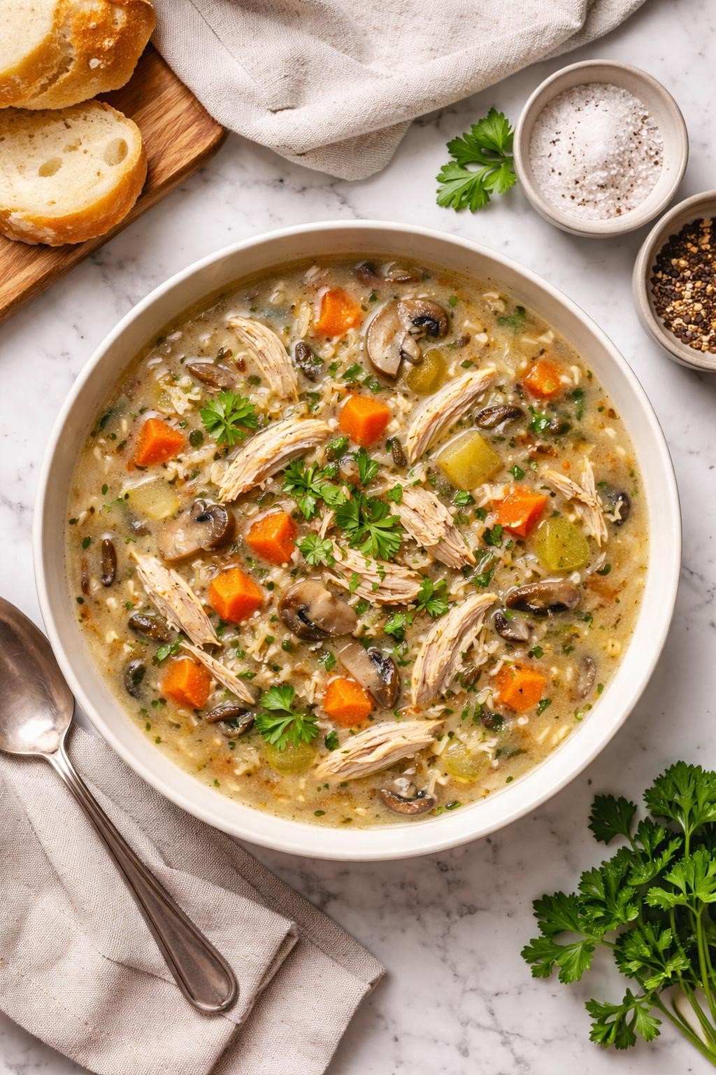 An overheard picture view of a plate of Slow Cooker Chicken and Wild Rice Soup sitting on a marble countertop table in the kitchen, professional food photography style.