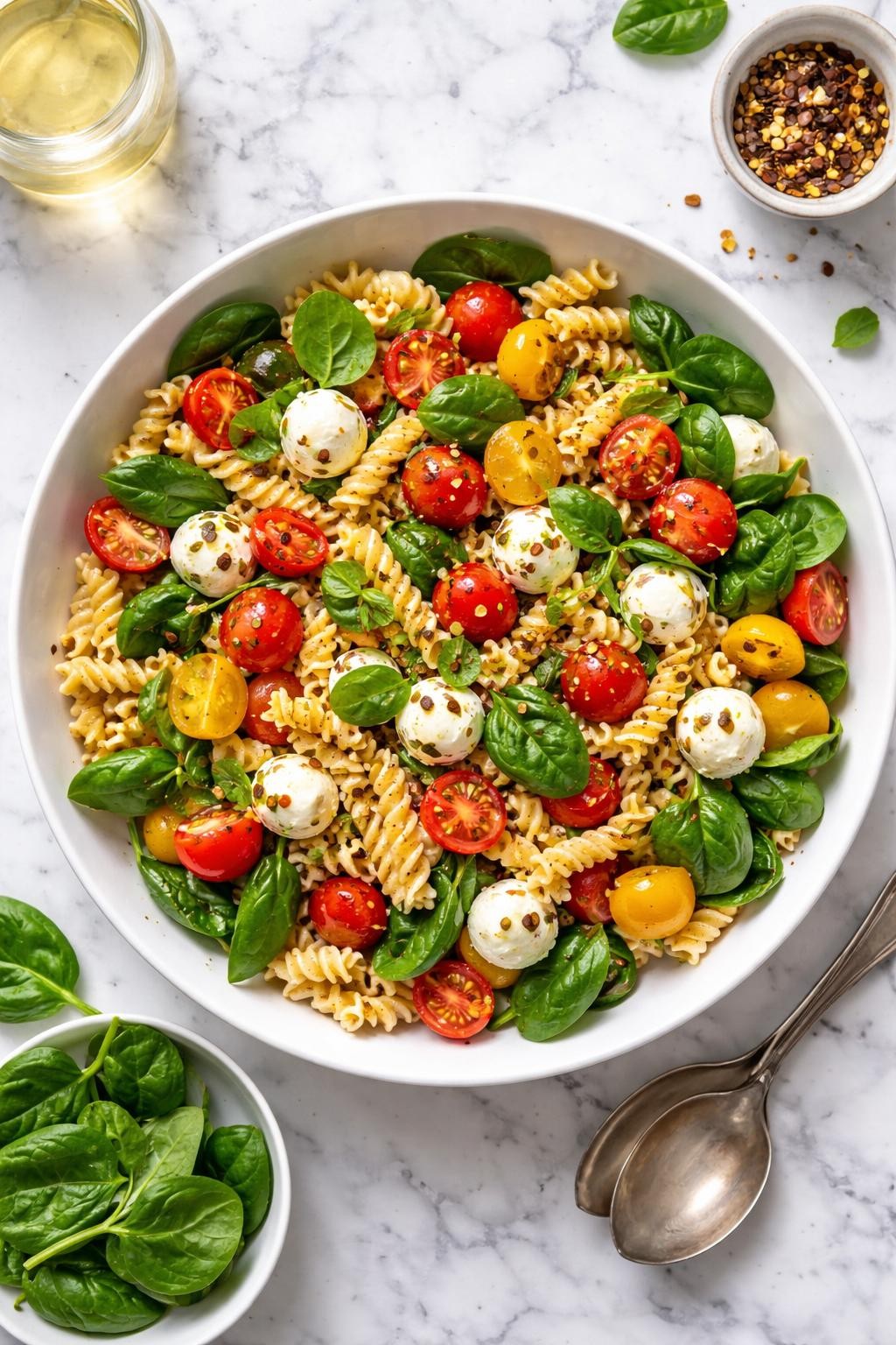 An overheard picture view of a plate of Caprese Pasta Salad with Spinach   sitting on a marble countertop table in the kitchen, professional food photography style.
