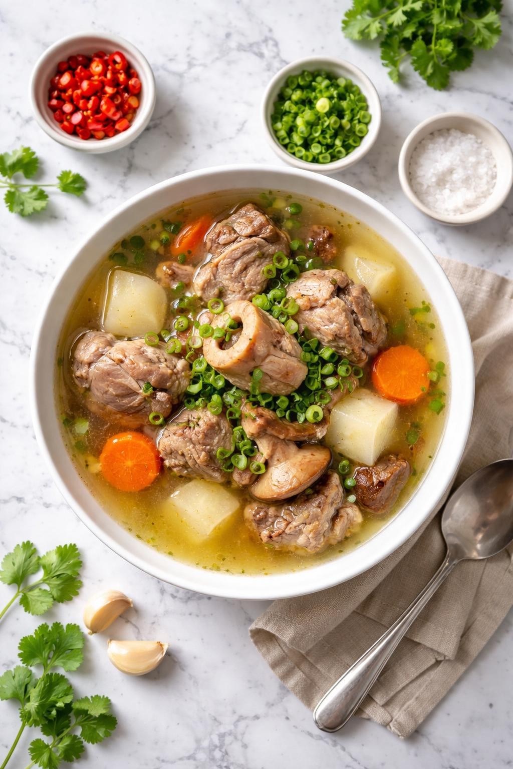 An overheard picture view of a plate of Pork and Bone Broth Soup   sitting on a marble countertop table in the kitchen, professional food photography style.
