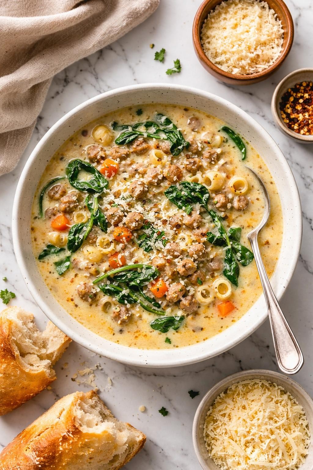 An overheard picture view of a plate of  Creamy Parmesan Sausage Ditalini Soup with Spinach  sitting on a marble countertop table in the kitchen, professional food photography style.
