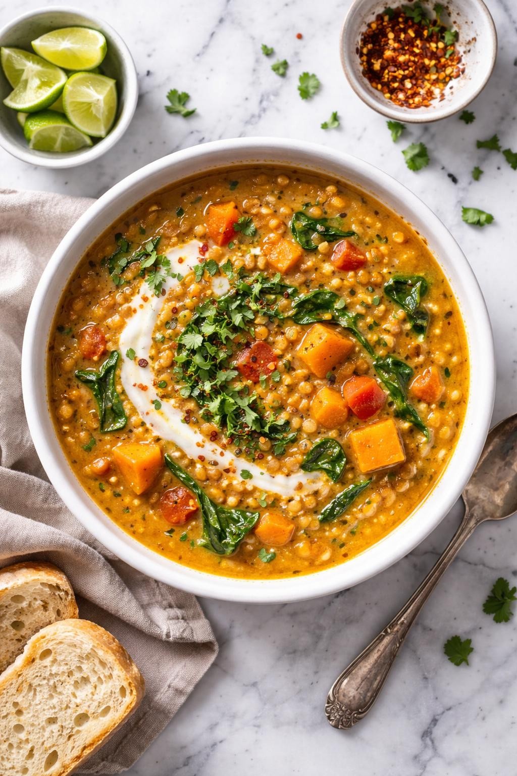 An overheard picture view of a plate of Slow Cooker Curried Lentil and Sweet Potato Soup sitting on a marble countertop table in the kitchen, professional food photography style.