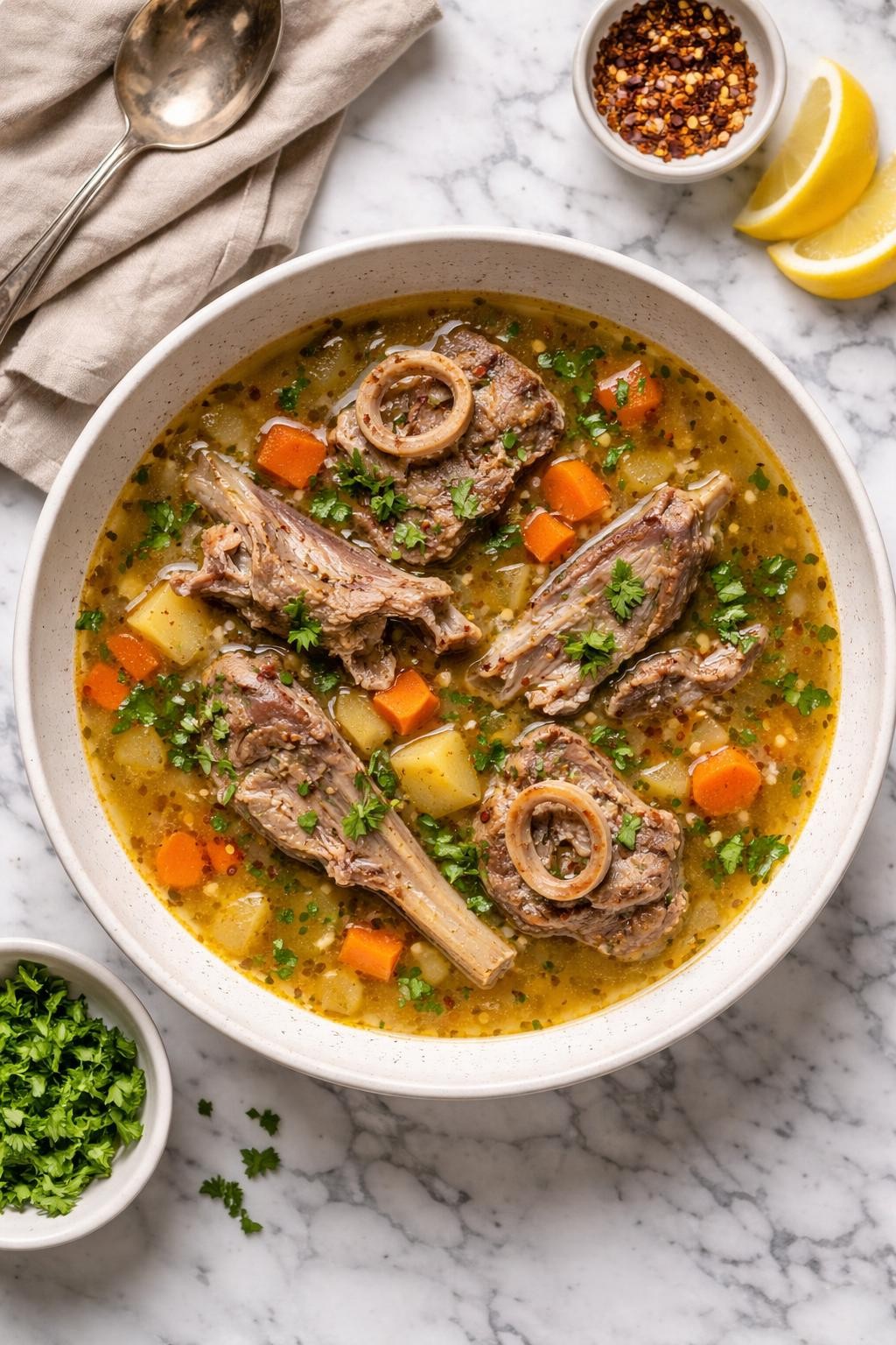 An overheard picture view of a plate of Lamb and Bone Broth Soup   sitting on a marble countertop table in the kitchen, professional food photography style.
