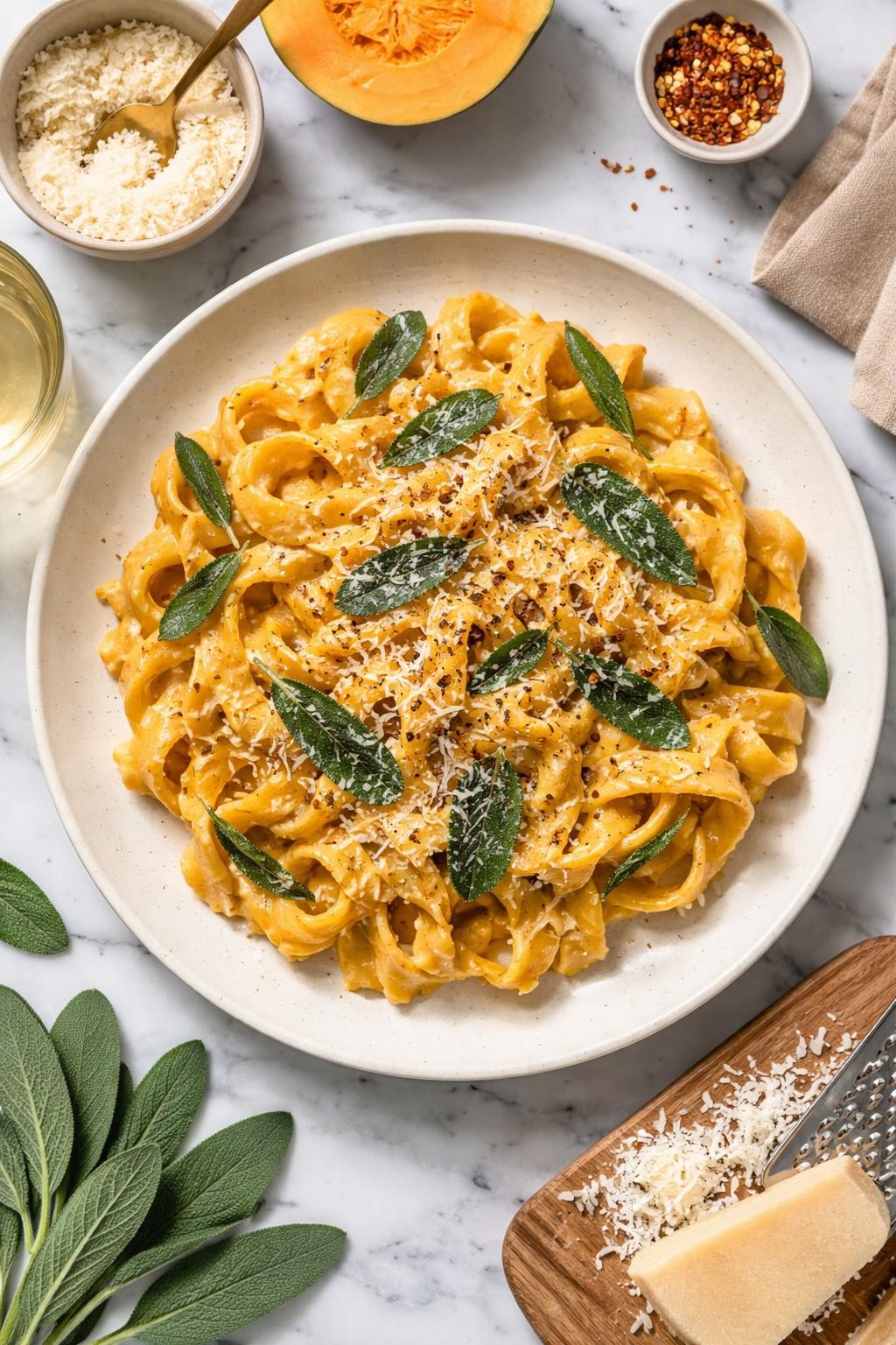 An overheard picture view of a plate of Creamy Butternut Squash Pasta with Sage sitting on a marble countertop table in the kitchen, professional food photography style.