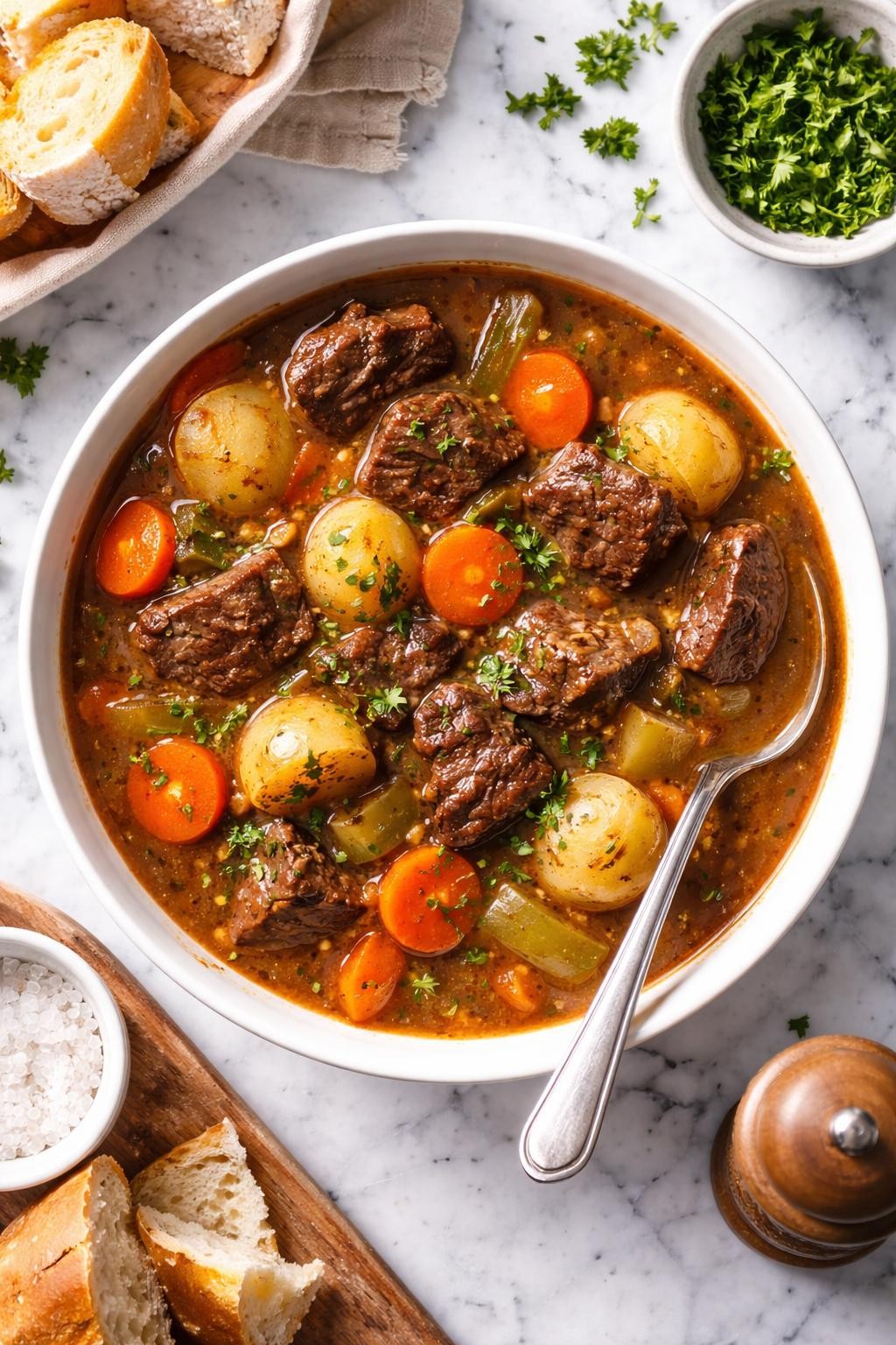 An overheard picture view of a plate of Slow Cooker Beef Stew sitting on a marble countertop table in the kitchen, professional food photography style.