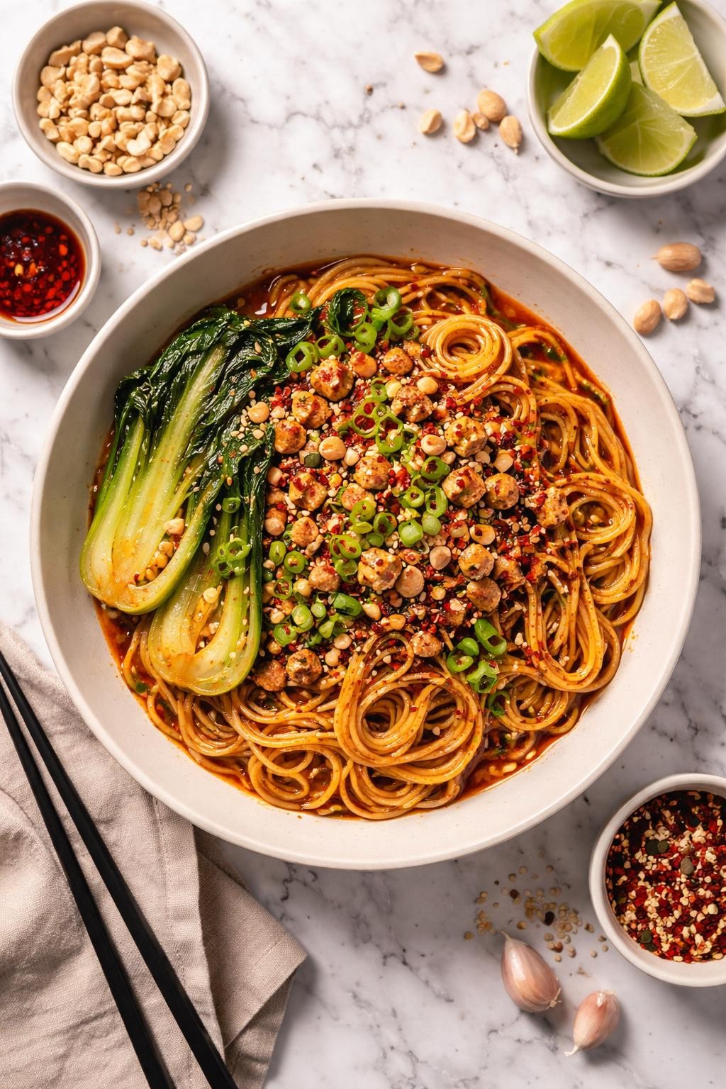 An overheard picture view of a plate of Vegan Dan Dan Noodles sitting on a marble countertop table in the kitchen, professional food photography style.