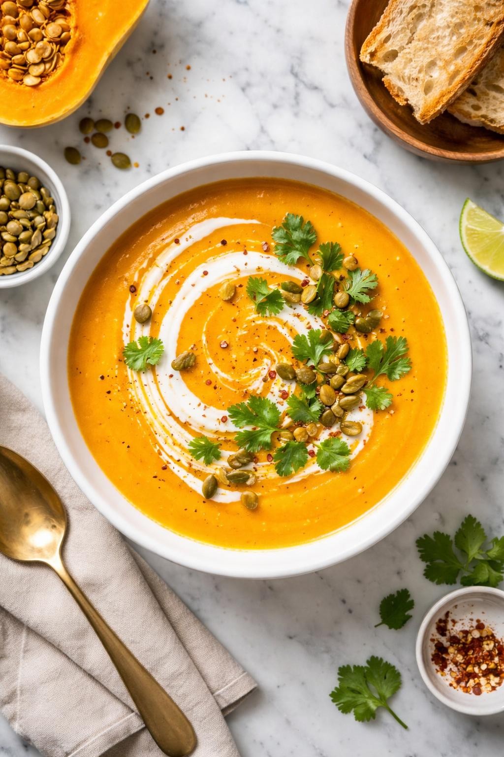 An overheard picture view of a plate of Creamy Coconut Butternut Squash Soup sitting on a marble countertop table in the kitchen, professional food photography style.