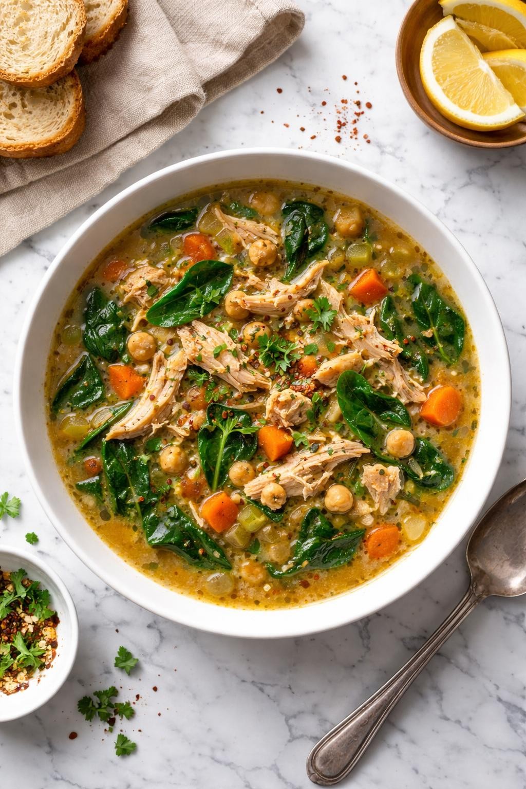 An overheard picture view of a plate of  Turkey and Chickpea Soup with Spinach  sitting on a marble countertop table in the kitchen, professional food photography style.
