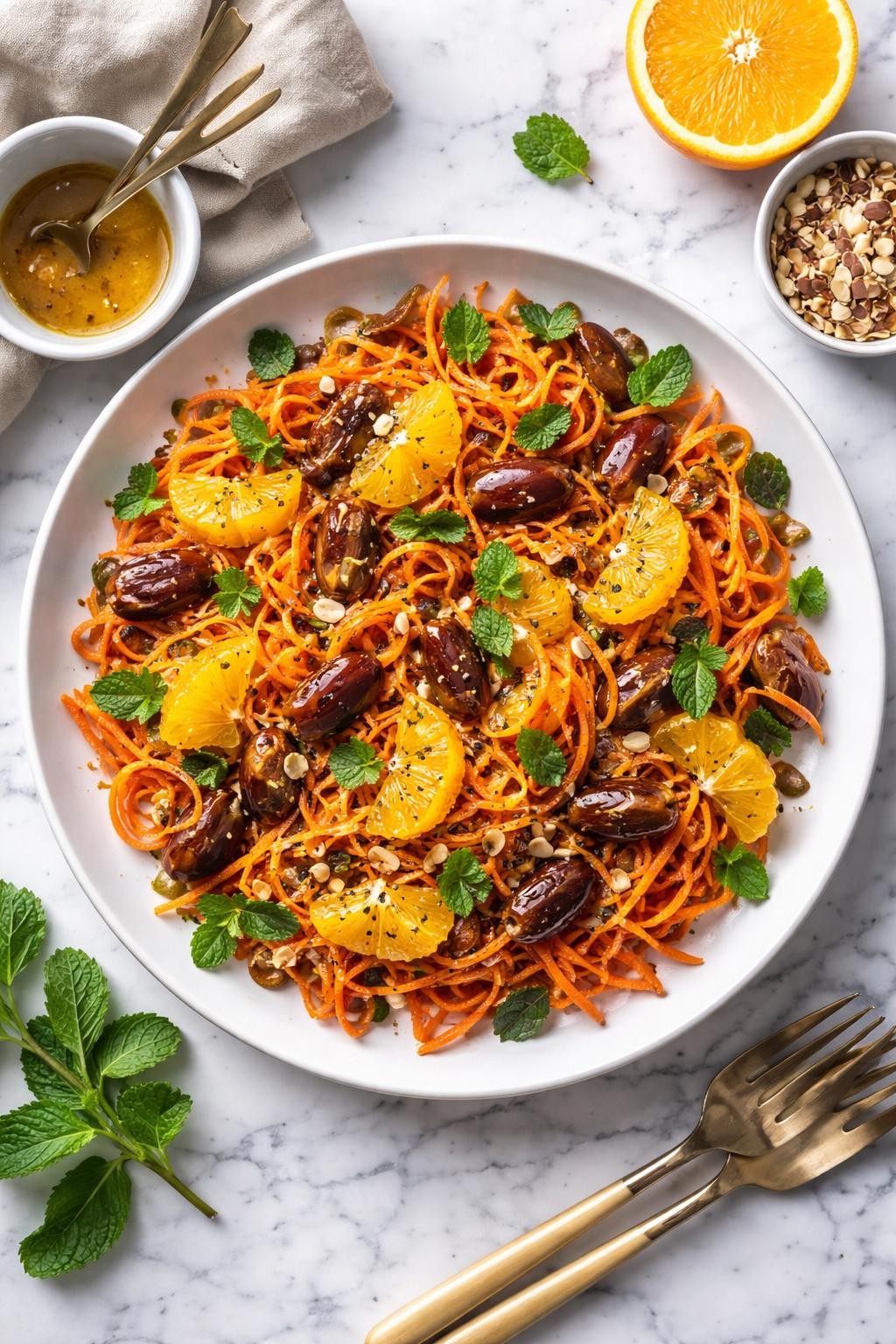 An overheard picture view of a plate of  Orange and Date Carrot Salad  sitting on a marble countertop table in the kitchen, professional food photography style.
