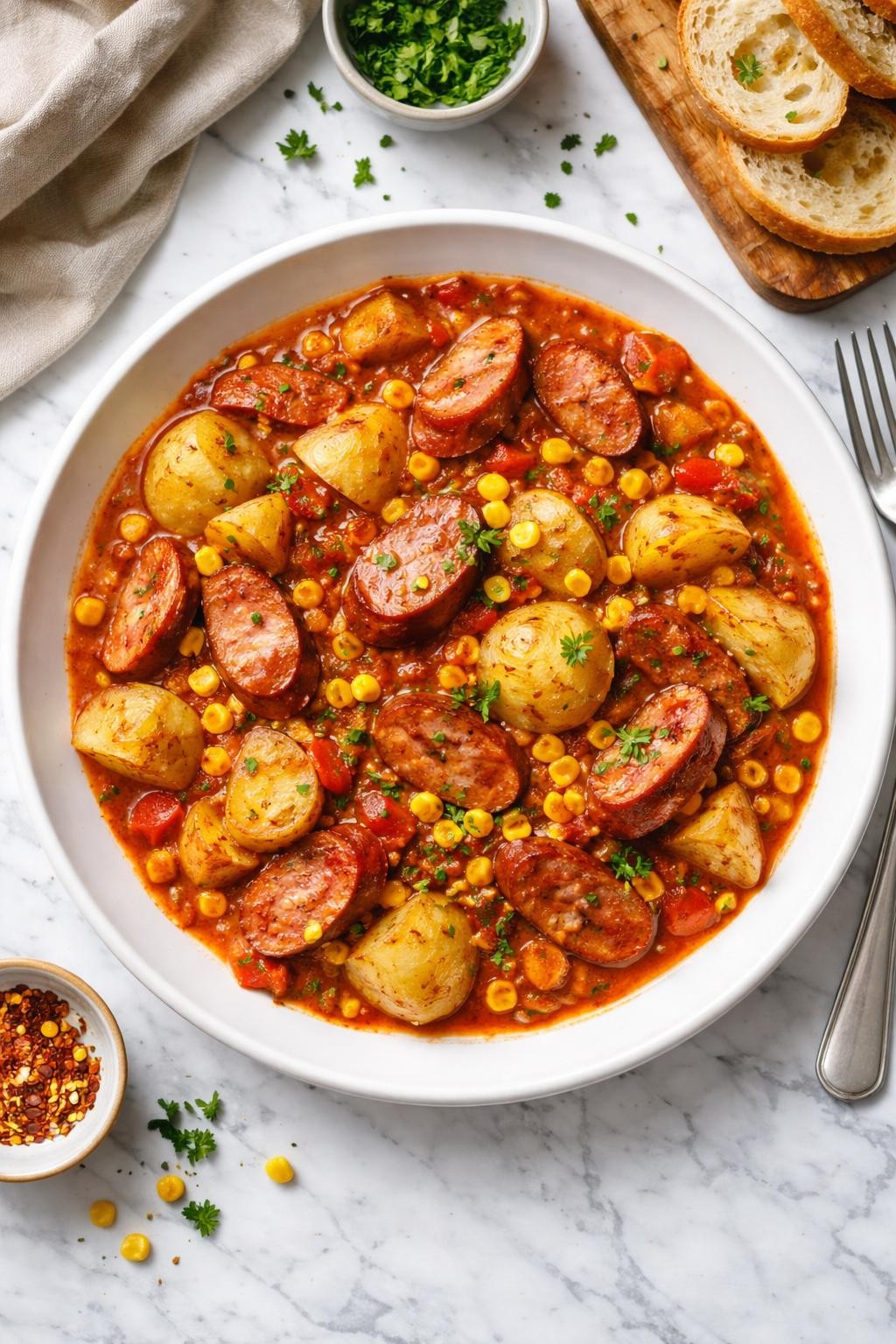 An overheard picture view of a plate of  Sausage Casserole with Potatoes and Corn  sitting on a marble countertop table in the kitchen, professional food photography style.

