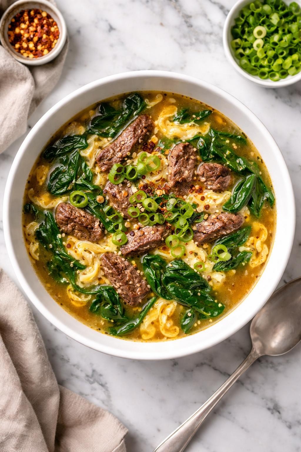 An overheard picture view of a plate of Beef and Spinach Soup with Egg Drop sitting on a marble countertop table in the kitchen, professional food photography style.