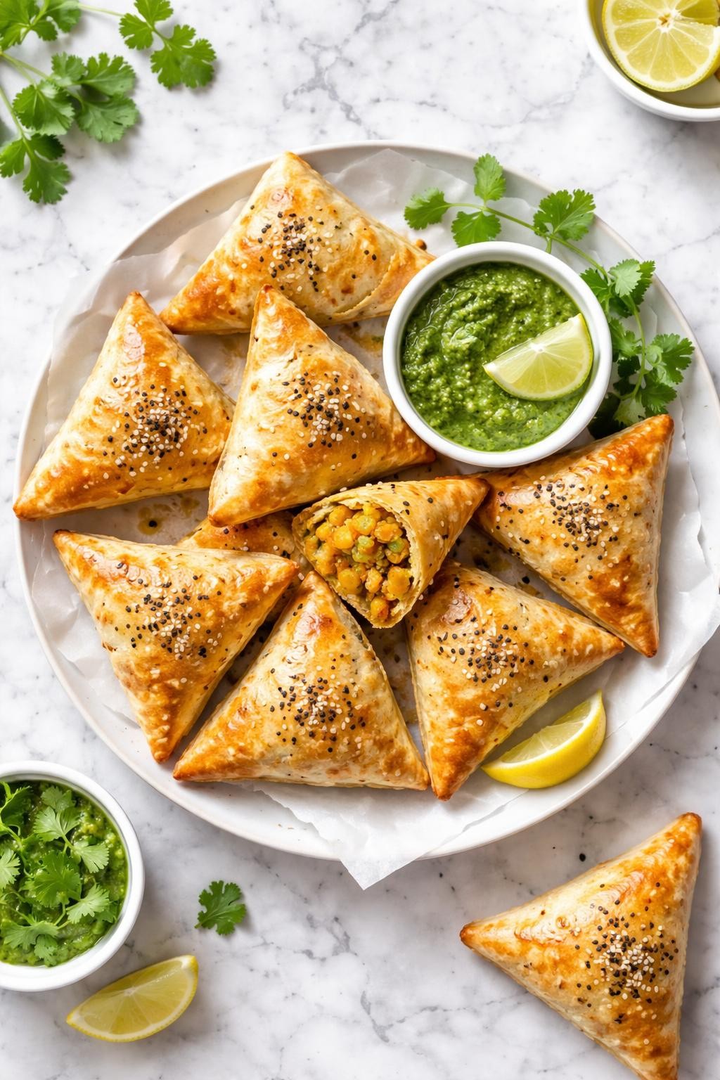 An overheard picture view of a plate of Vegan Samosas with Puff Pastry sitting on a marble countertop table in the kitchen, professional food photography style.