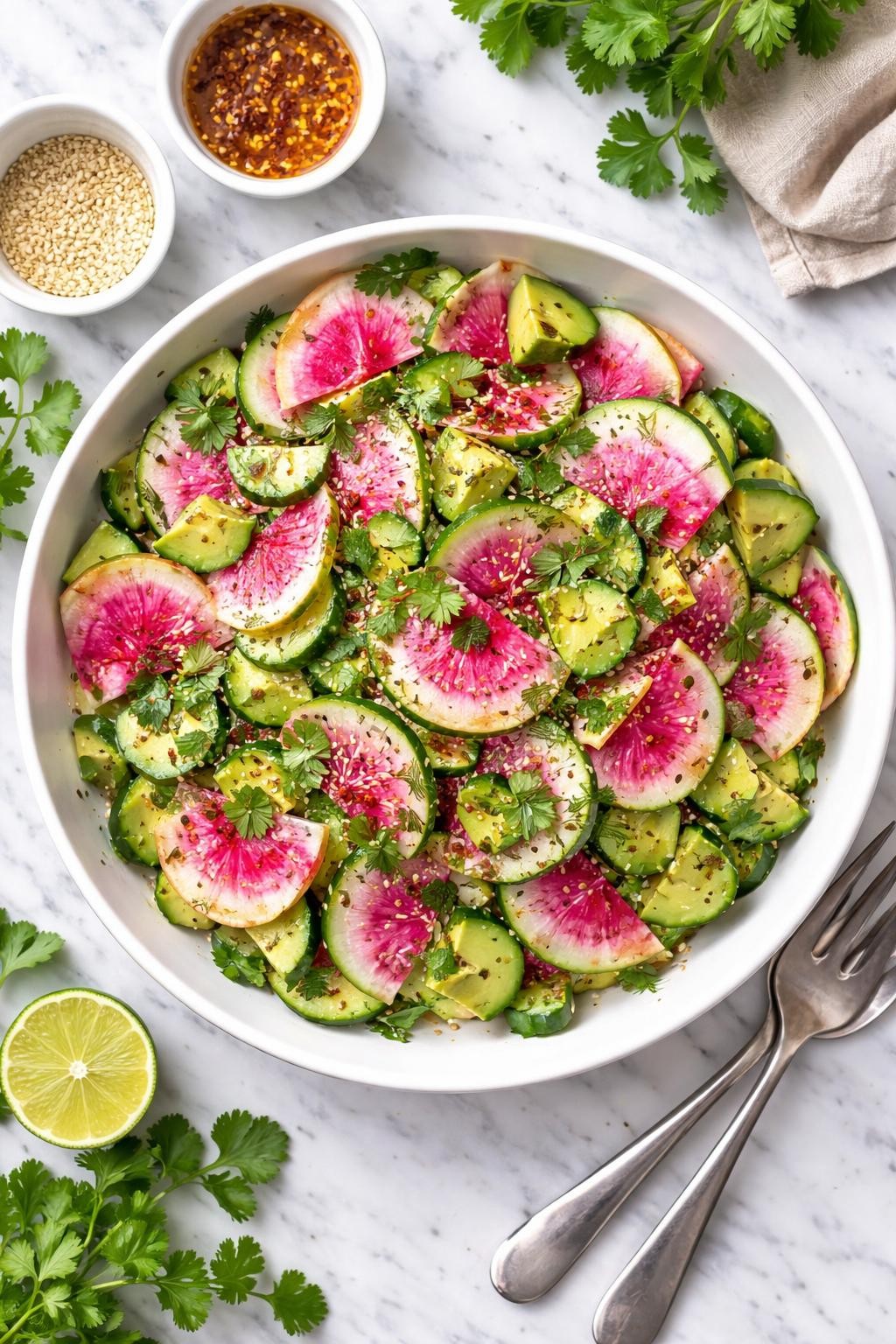 An overheard picture view of a plate of  Crunchy Watermelon Radish and Cucumber Salad  sitting on a marble countertop table in the kitchen, professional food photography style.
