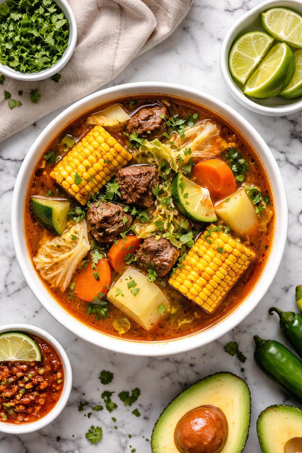 An overheard picture view of a plate of Mexican Beef Soup (Caldo de Res) sitting on a marble countertop table in the kitchen, professional food photography style.