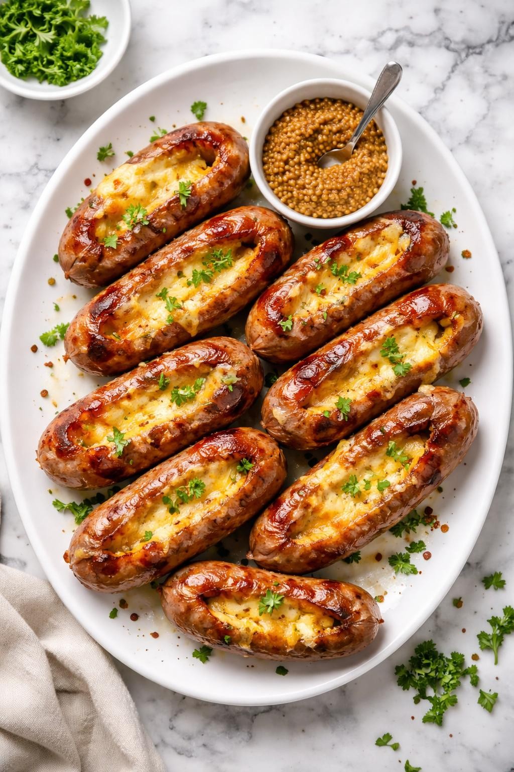 An overheard picture view of a plate of  Cheesy Stuffed Sausage Links  sitting on a marble countertop table in the kitchen, professional food photography style.

