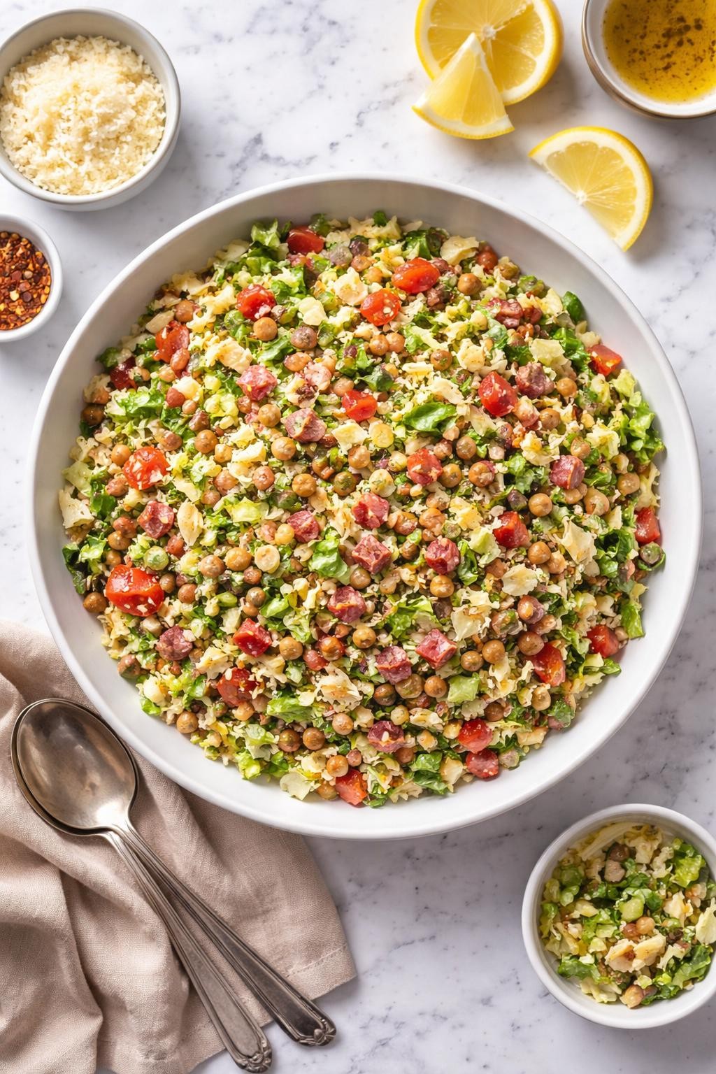 An overheard picture view of a plate of The Original La Scala Chopped Salad sitting on a marble countertop table in the kitchen, professional food photography style.