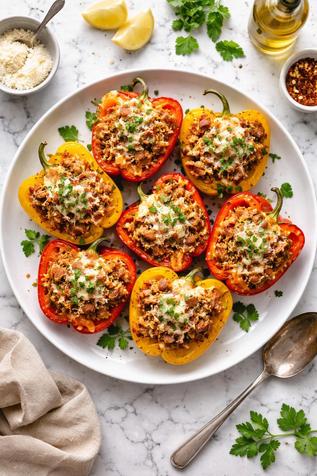 An overheard picture view of a plate of Sausage Stuffed Bell Peppers   sitting on a marble countertop table in the kitchen, professional food photography style.
