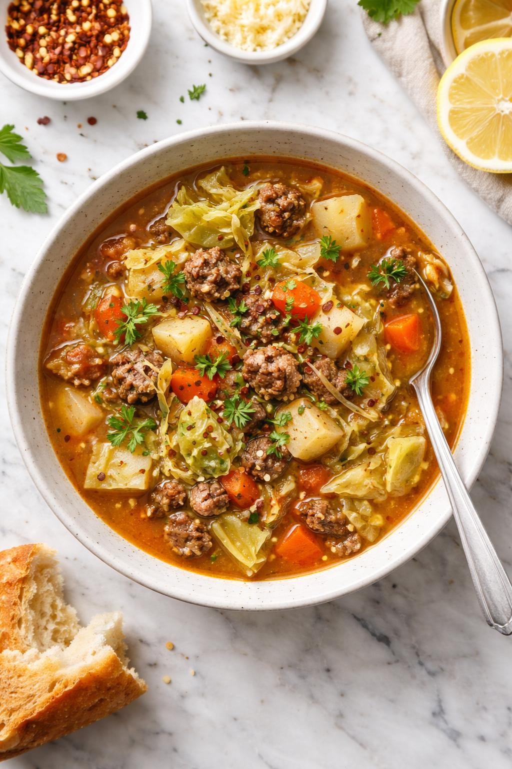 An overheard picture view of a plate of  Dutch Oven Cabbage Soup with Beef  sitting on a marble countertop table in the kitchen, professional food photography style.
