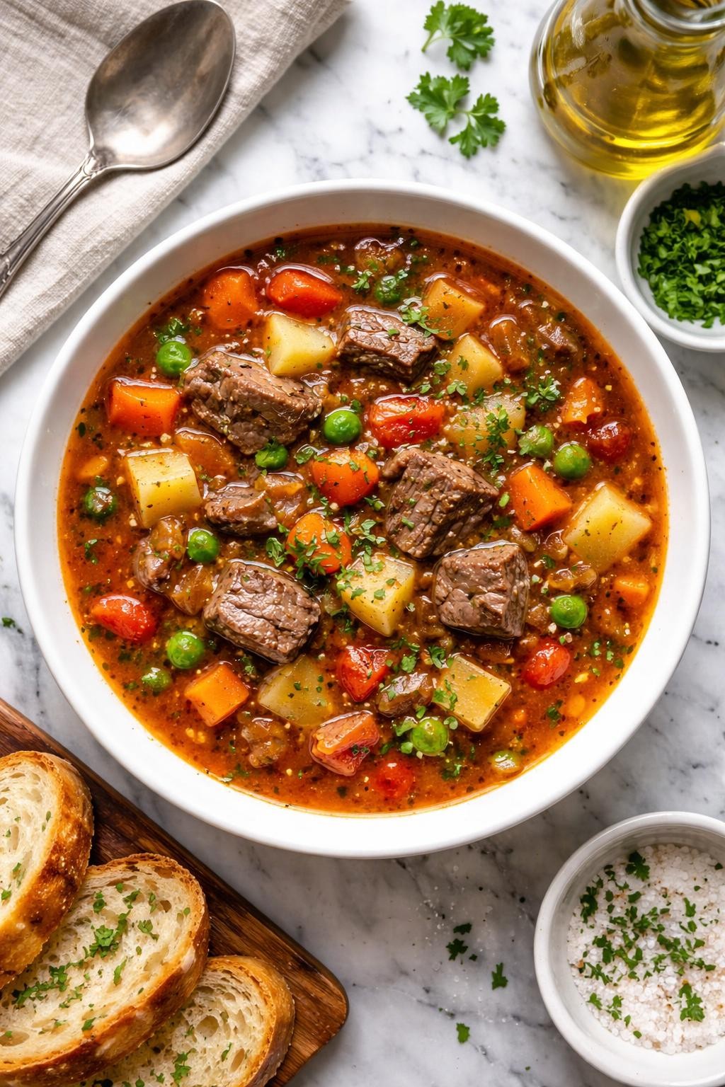 An overheard picture view of a plate of Beef and Vegetable Soup sitting on a marble countertop table in the kitchen, professional food photography style.