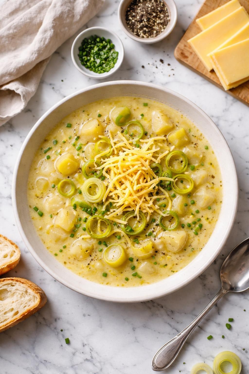 An overheard picture view of a plate of  Leek and Potato Soup with Processed Cheese  sitting on a marble countertop table in the kitchen, professional food photography style.
