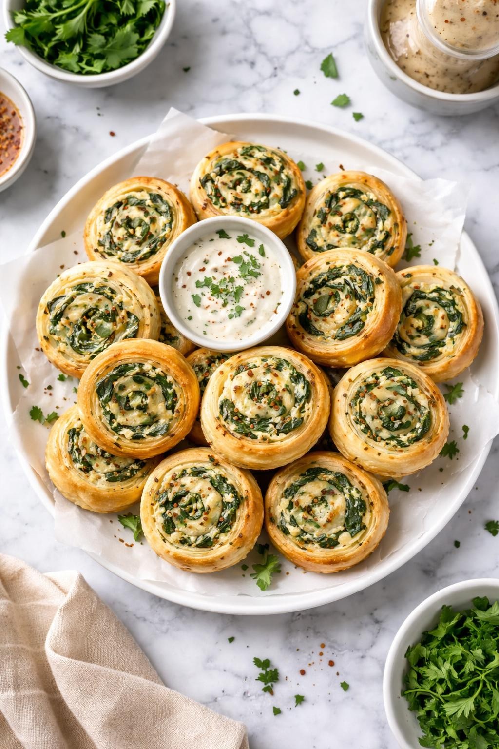 An overheard picture view of a plate of Simple Vegan Spinach and Artichoke Pinwheels sitting on a marble countertop table in the kitchen, professional food photography style.