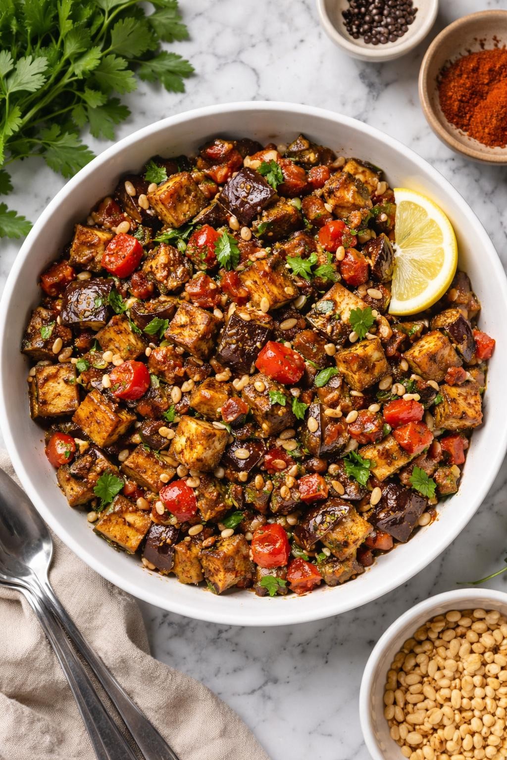 An overheard picture view of a plate of Moroccan Eggplant Salad with Cumin and Paprika sitting on a marble countertop table in the kitchen, professional food photography style.