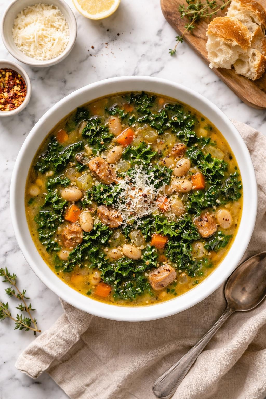An overheard picture view of a plate of  Hearty Kale and White Bean Soup  sitting on a marble countertop table in the kitchen, professional food photography style.
