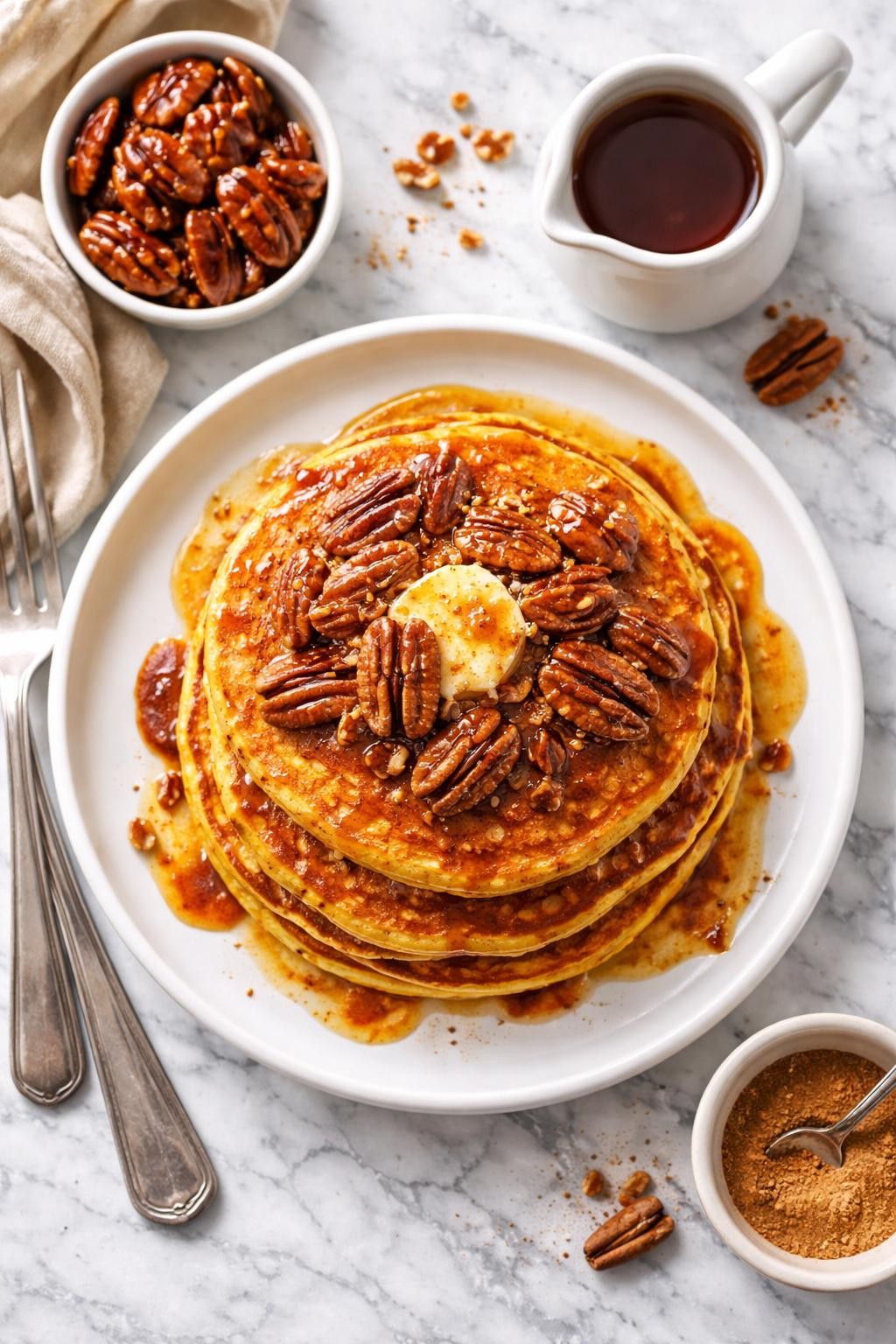 An overheard picture view of a plate of Butternut Squash Pancakes with Maple Pecans sitting on a marble countertop table in the kitchen, professional food photography style.