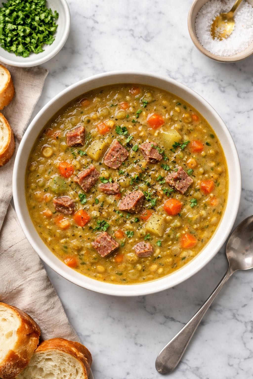 An overheard picture view of a plate of Slow Cooker Split Pea Soup with Ham sitting on a marble countertop table in the kitchen, professional food photography style.