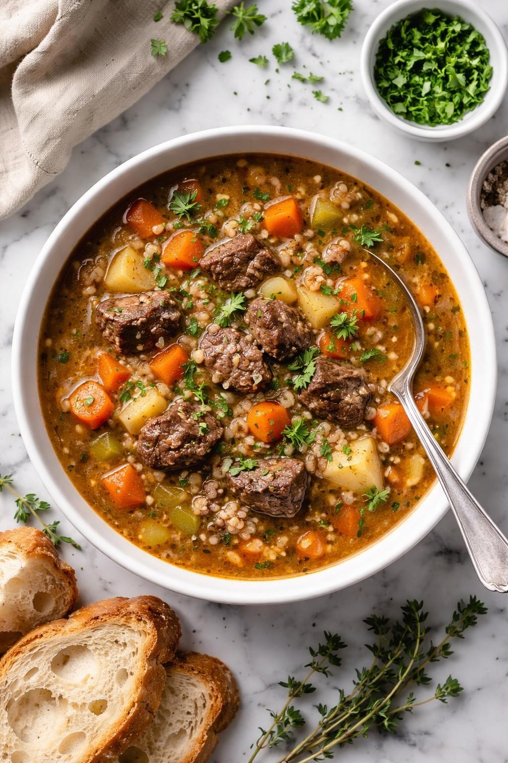 An overheard picture view of a plate of Classic Beef and Barley Soup sitting on a marble countertop table in the kitchen, professional food photography style.