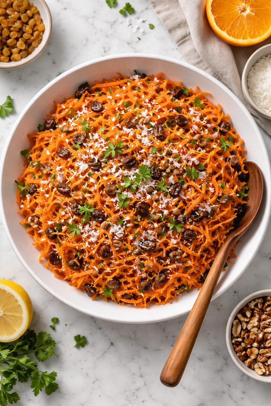 An overheard picture view of a plate of  Coconut Carrot Raisin Salad  sitting on a marble countertop table in the kitchen, professional food photography style.
