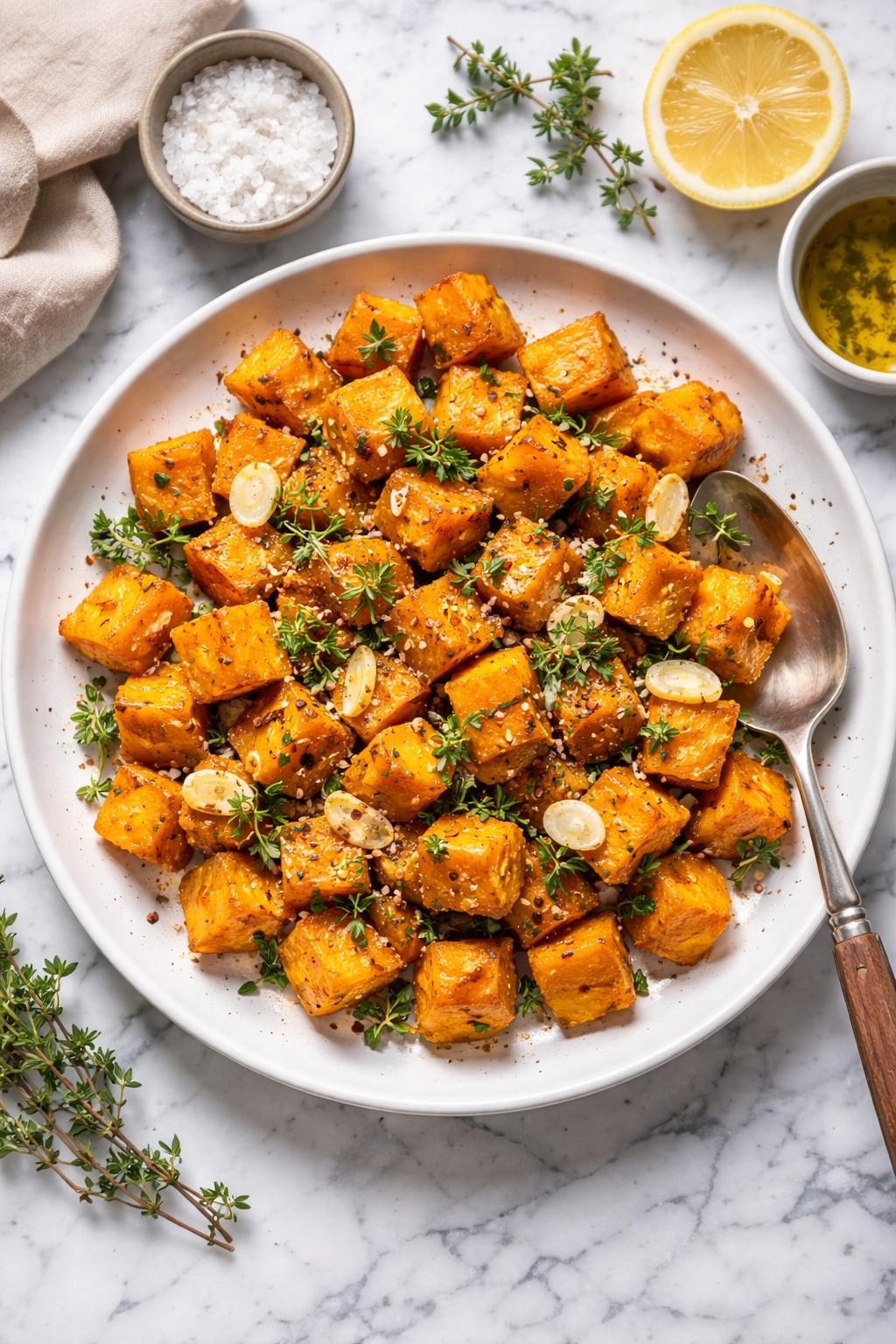 An overheard picture view of a plate of Roasted Butternut Squash with Garlic and Herbs sitting on a marble countertop table in the kitchen, professional food photography style.
