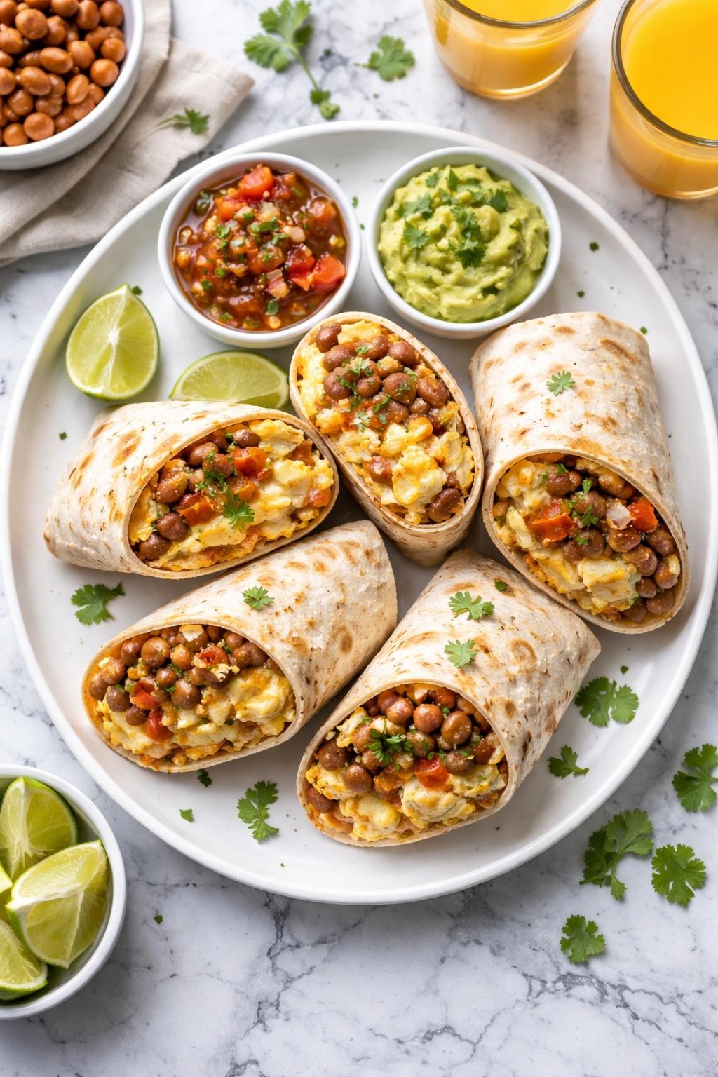 An overheard picture view of a plate of Pinto Bean Breakfast Burritos sitting on a marble countertop table in the kitchen, professional food photography style.