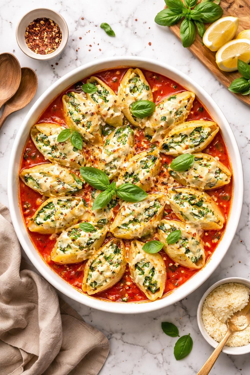An overheard picture view of a plate of   Vegan Spinach and Ricotta Stuffed Shells sitting on a marble countertop table in the kitchen, professional food photography style.
