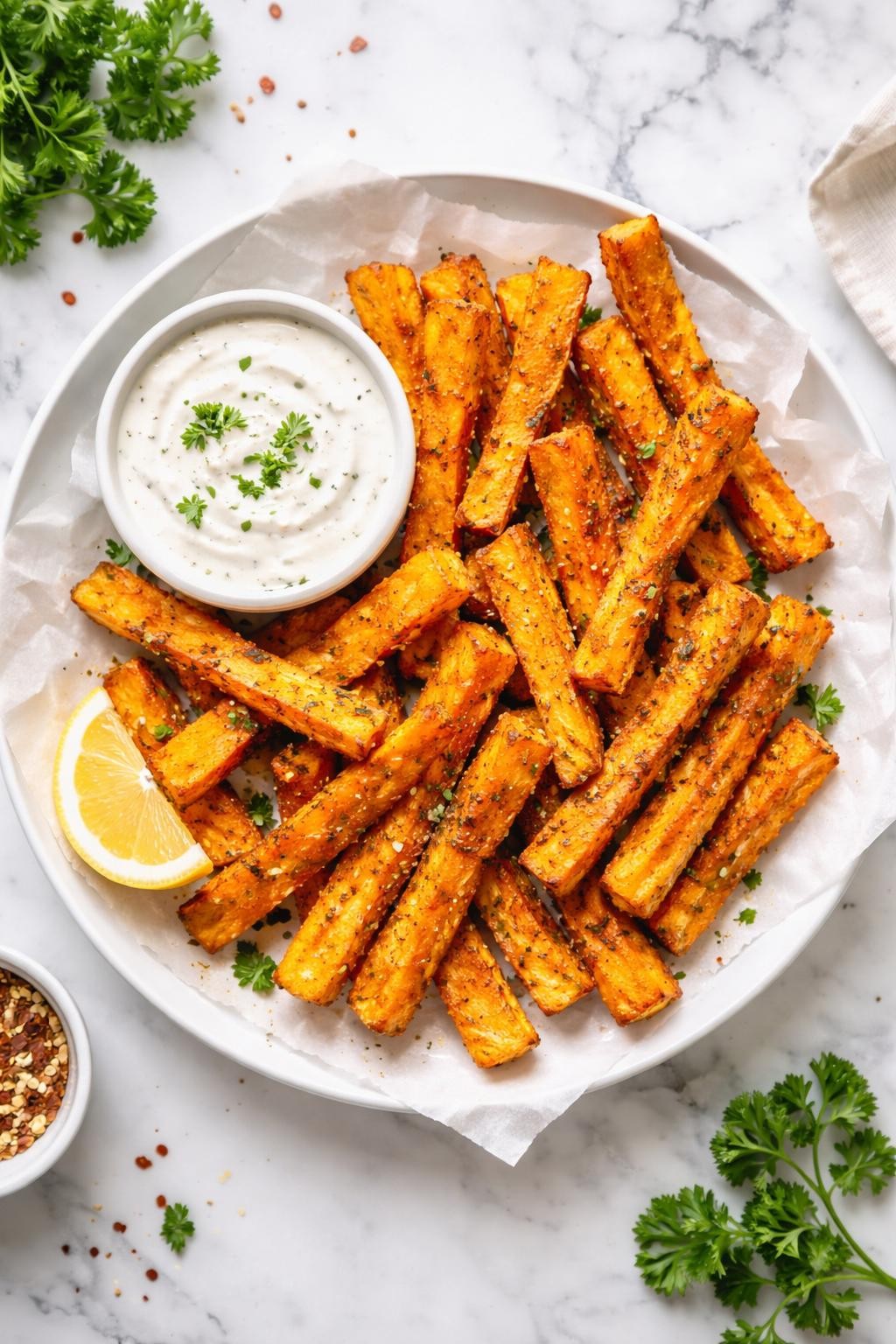 An overheard picture view of a plate of Crispy Baked Butternut Squash Fries sitting on a marble countertop table in the kitchen, professional food photography style.