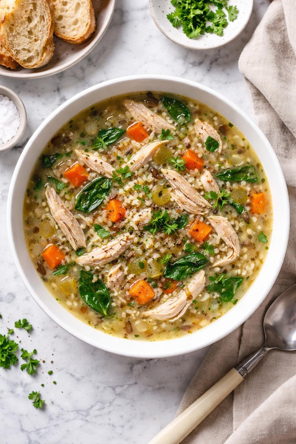 An overheard picture view of a plate of  Chicken and Wild Rice Soup (Light Version)  sitting on a marble countertop table in the kitchen, professional food photography style.
