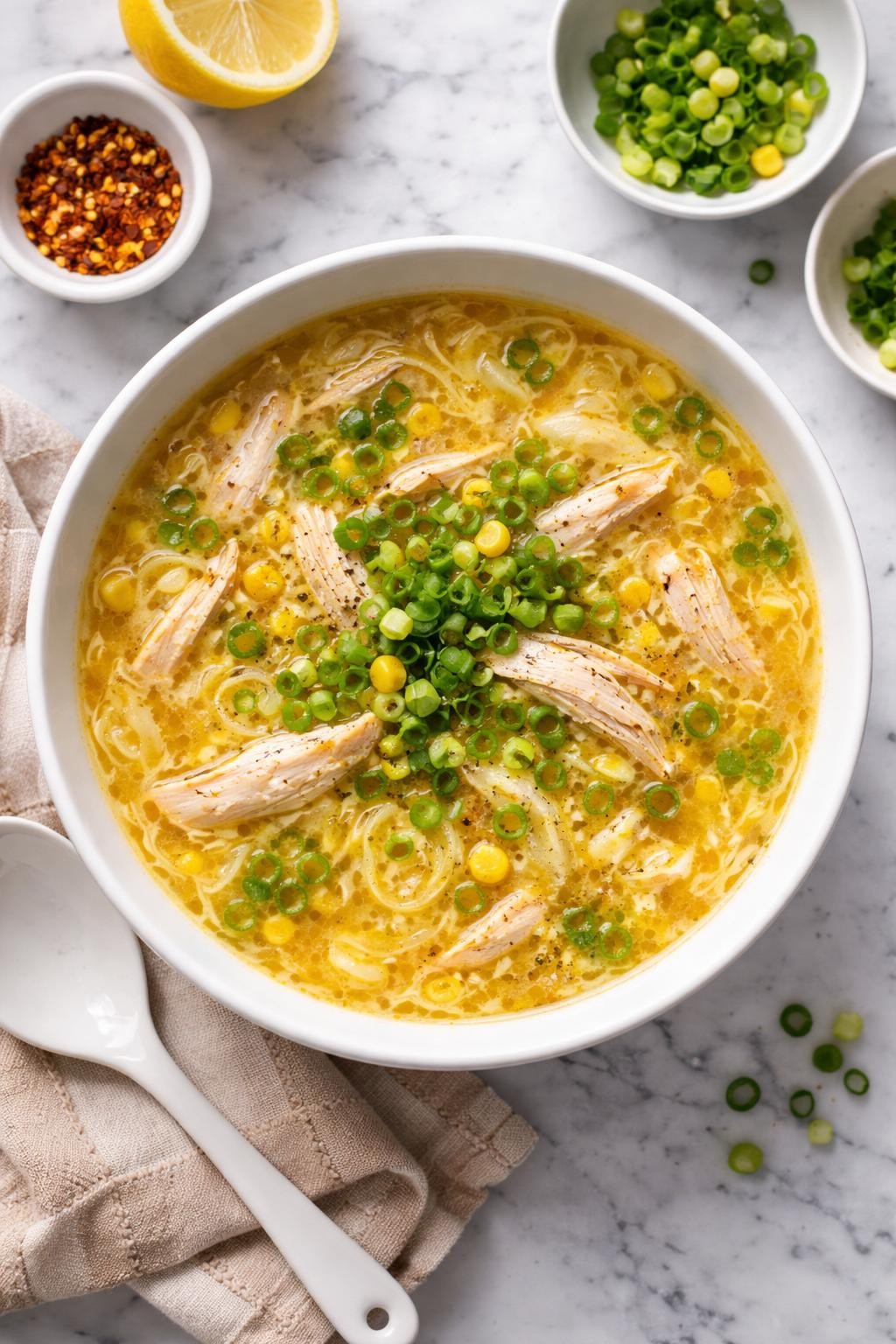 An overheard picture view of a plate of Chicken and Egg Drop Soup   sitting on a marble countertop table in the kitchen, professional food photography style.
