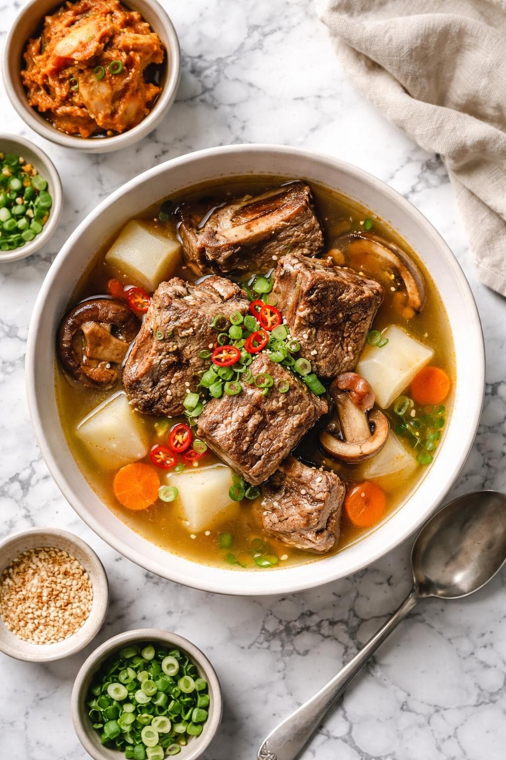 An overheard picture view of a plate of  Beef Short Rib Soup  sitting on a marble countertop table in the kitchen, professional food photography style.
