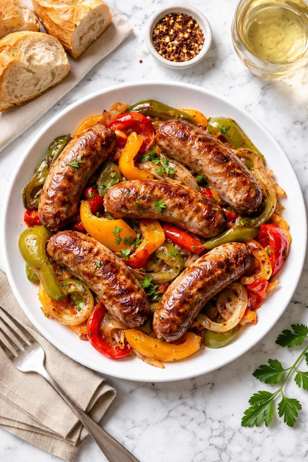 An overheard picture view of a plate of Classic Sausage and Peppers   sitting on a marble countertop table in the kitchen, professional food photography style.
