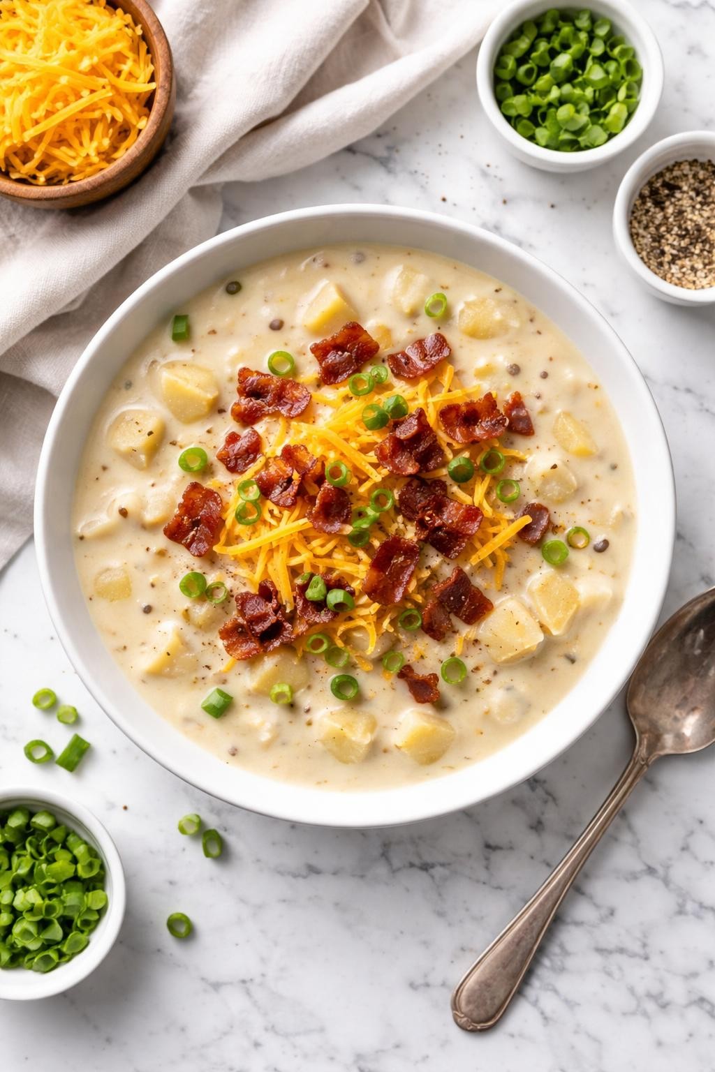 An overheard picture view of a plate of 5-Ingredient Potato Soup sitting on a marble countertop table in the kitchen, professional food photography style.