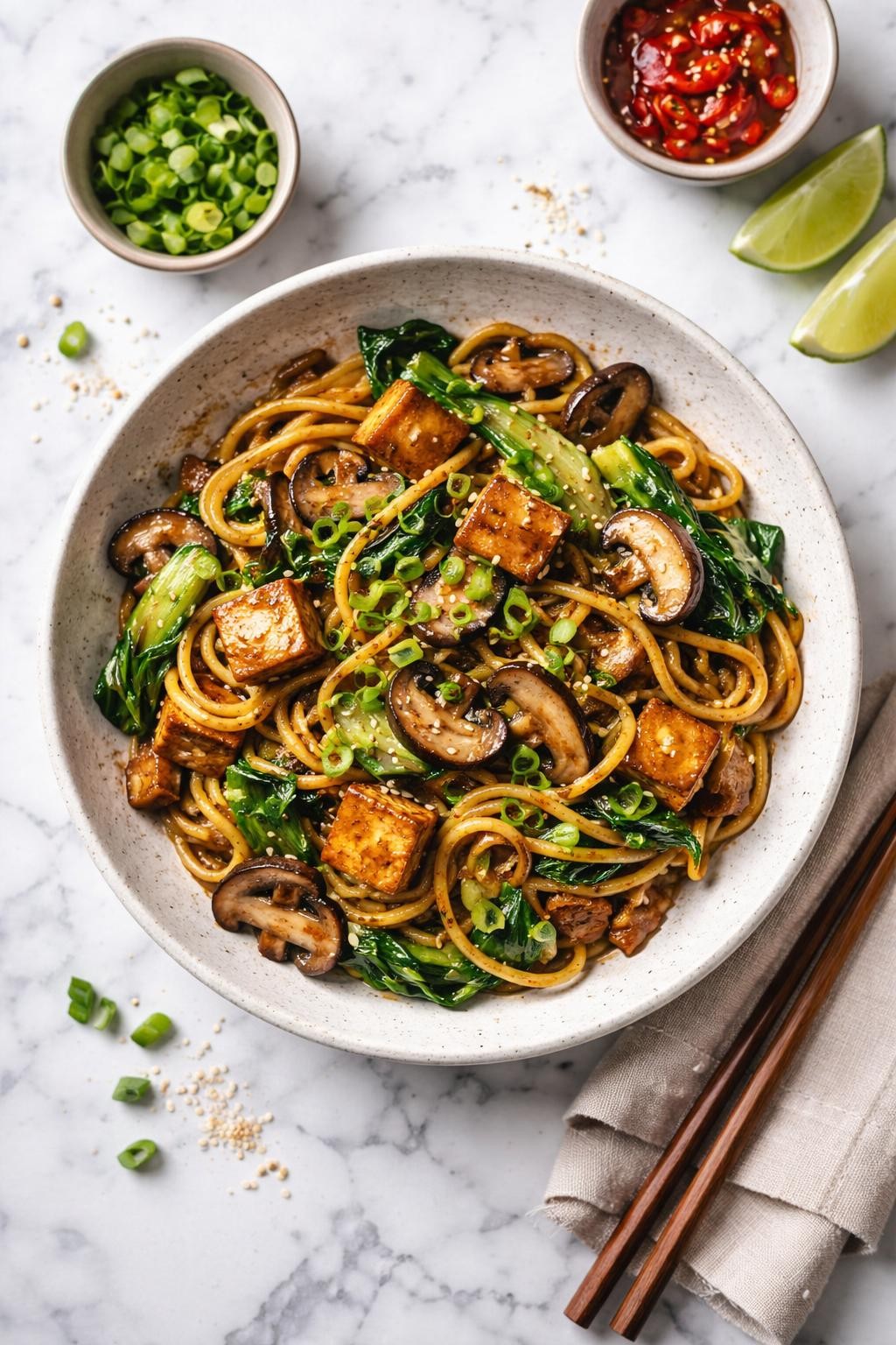 An overheard picture view of a plate of Hokkien Noodles with Mushrooms and Tofu sitting on a marble countertop table in the kitchen, professional food photography style.