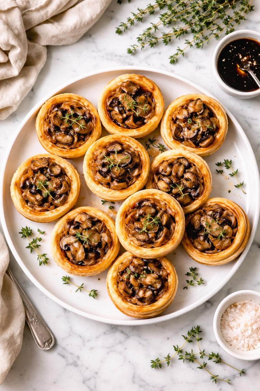 An overheard picture view of a plate of Vegan Caramelized Onion and Mushroom Tartlets sitting on a marble countertop table in the kitchen, professional food photography style.