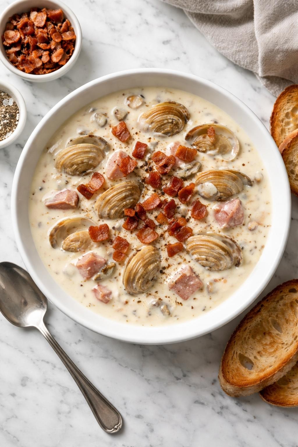An overheard picture view of a plate of Carnivore Clam Chowder (No Vegetables)   sitting on a marble countertop table in the kitchen, professional food photography style.
