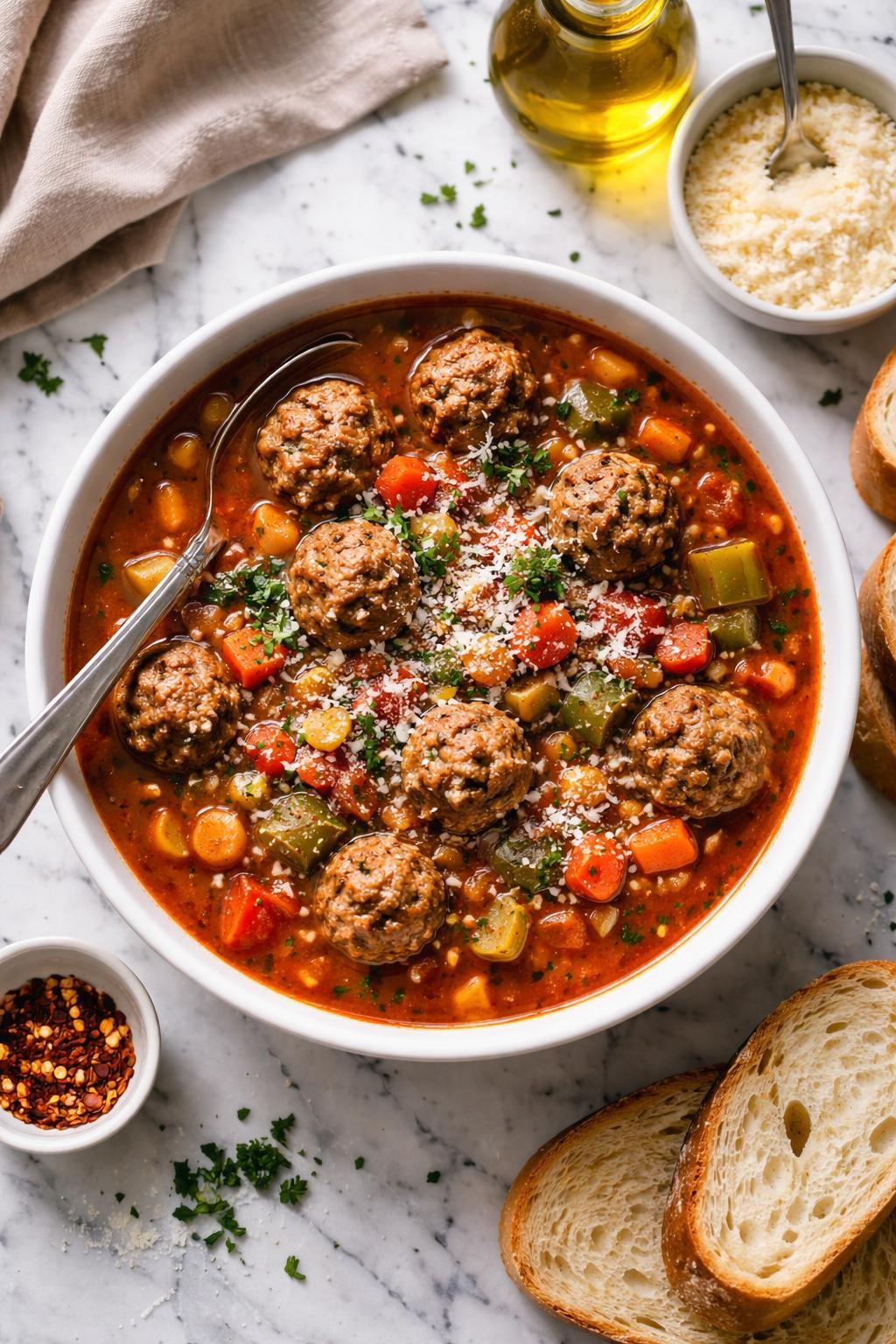 An overheard picture view of a plate of Slow Cooker Italian Meatball Soup sitting on a marble countertop table in the kitchen, professional food photography style.